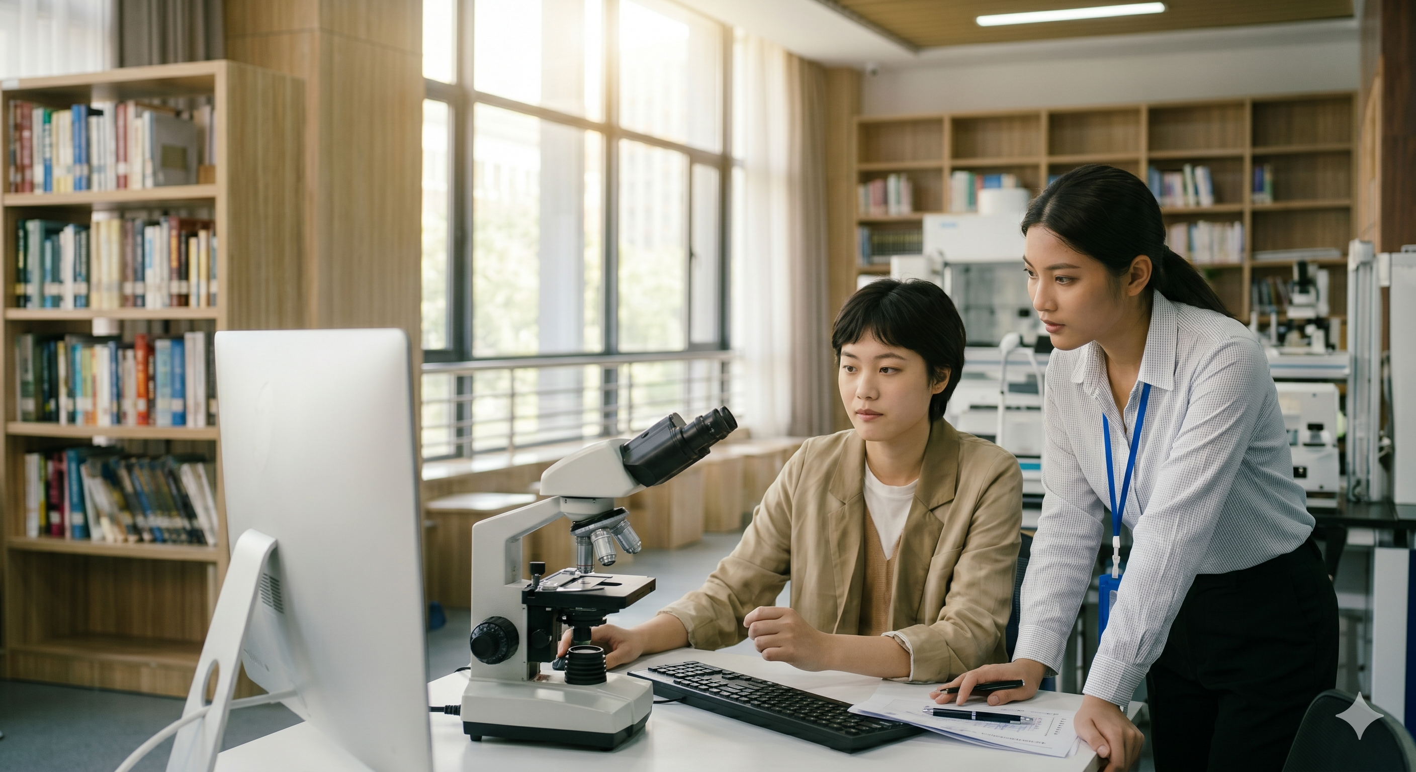 Advanced research: student working with mentor at microscope