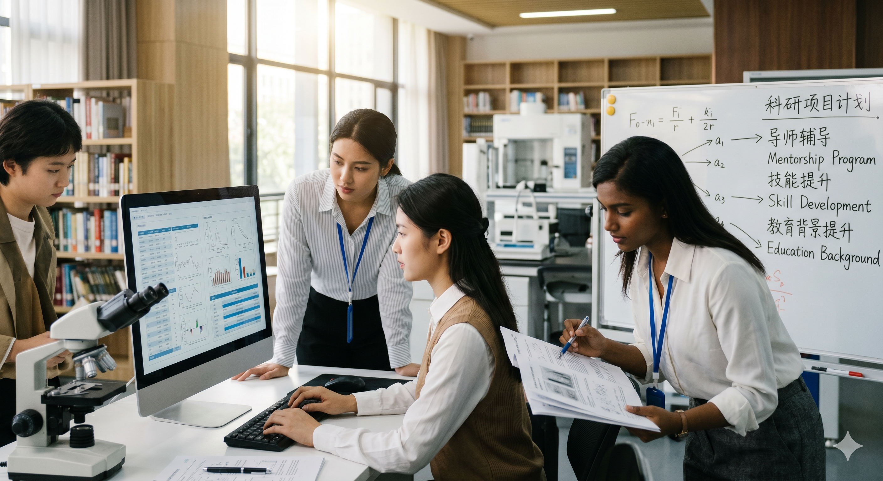 School research partnership — students and mentor reviewing research plan